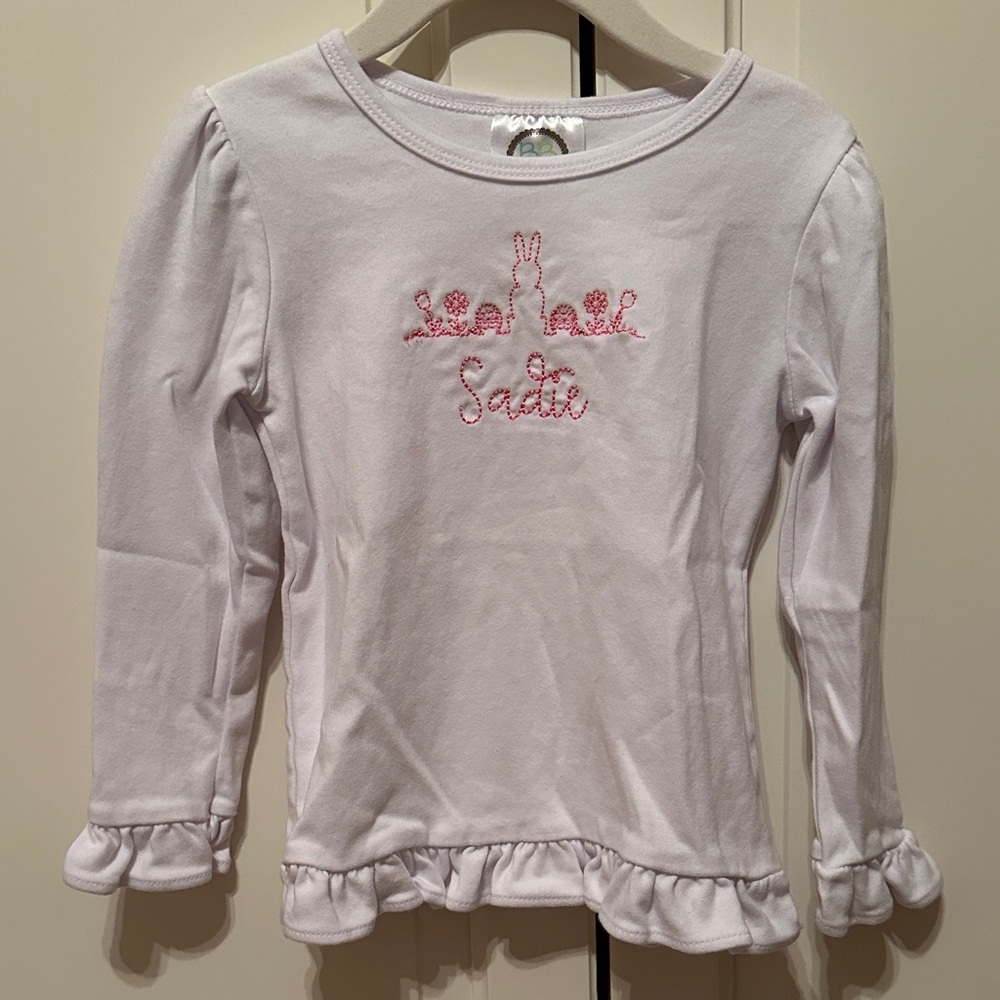“Sadie” White Long Sleeve Kids Top with Pink Easter Bunny Embroidery